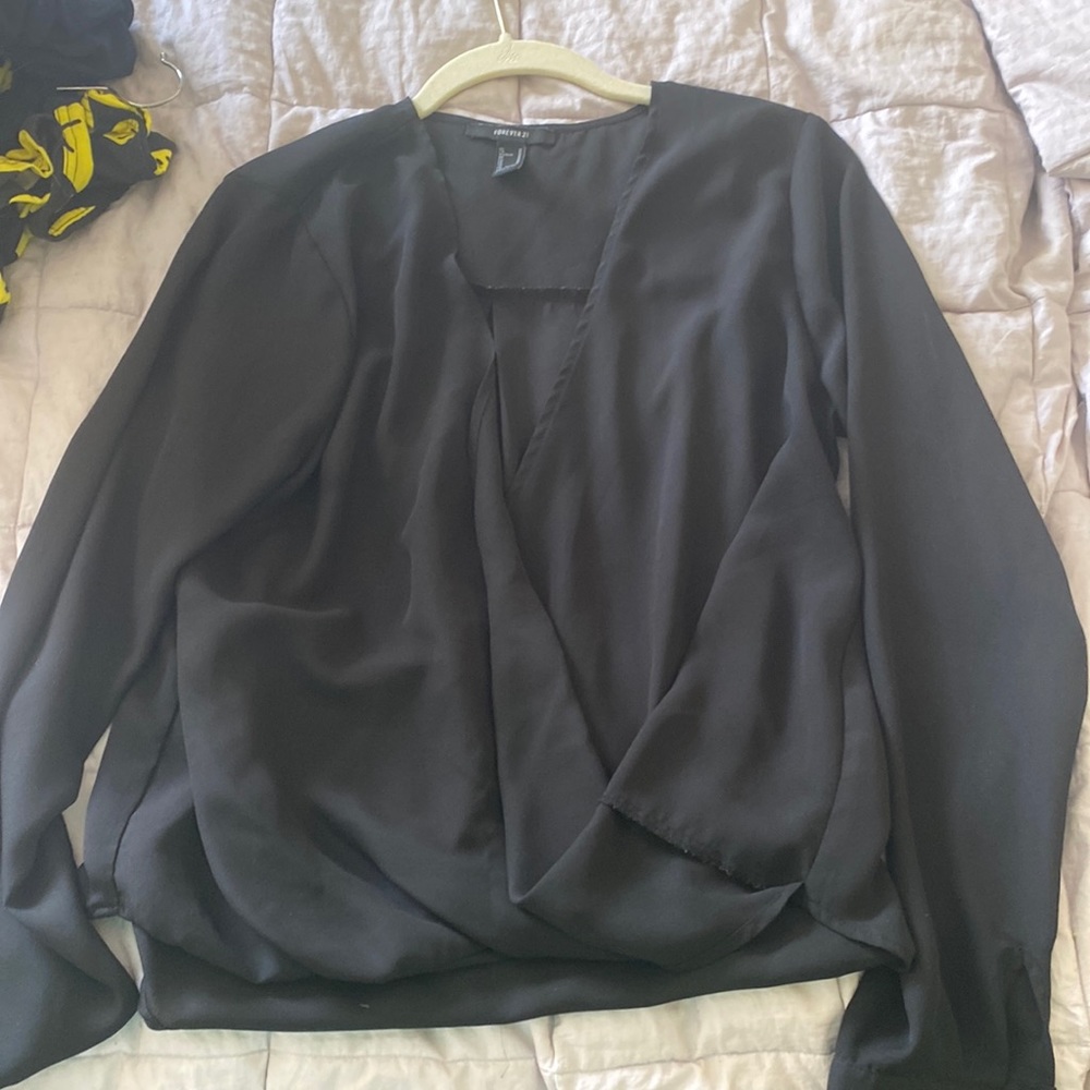 Size medium forever 21 see-through crisscross, black blouse with button sleeves